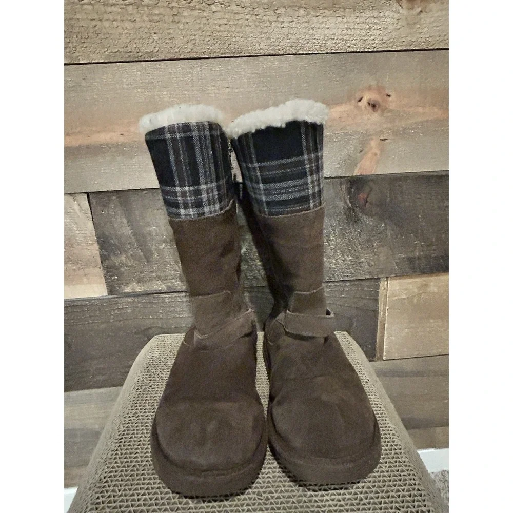 Ugg  Girls Winter Tall Maura Brown Suede Plaid Buckle Zipper Boot Size 1 3286